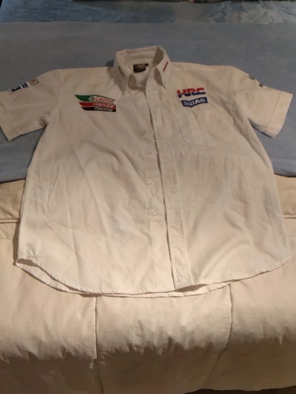 Astr White Short-Sleeve Button-Down Shirt with Racing Logos